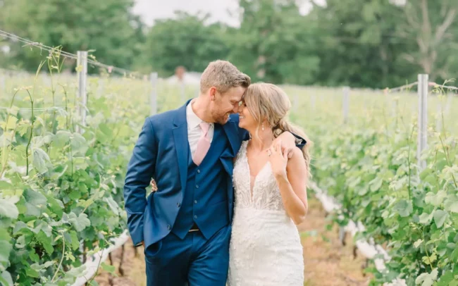 Bride and groom in the vineyard